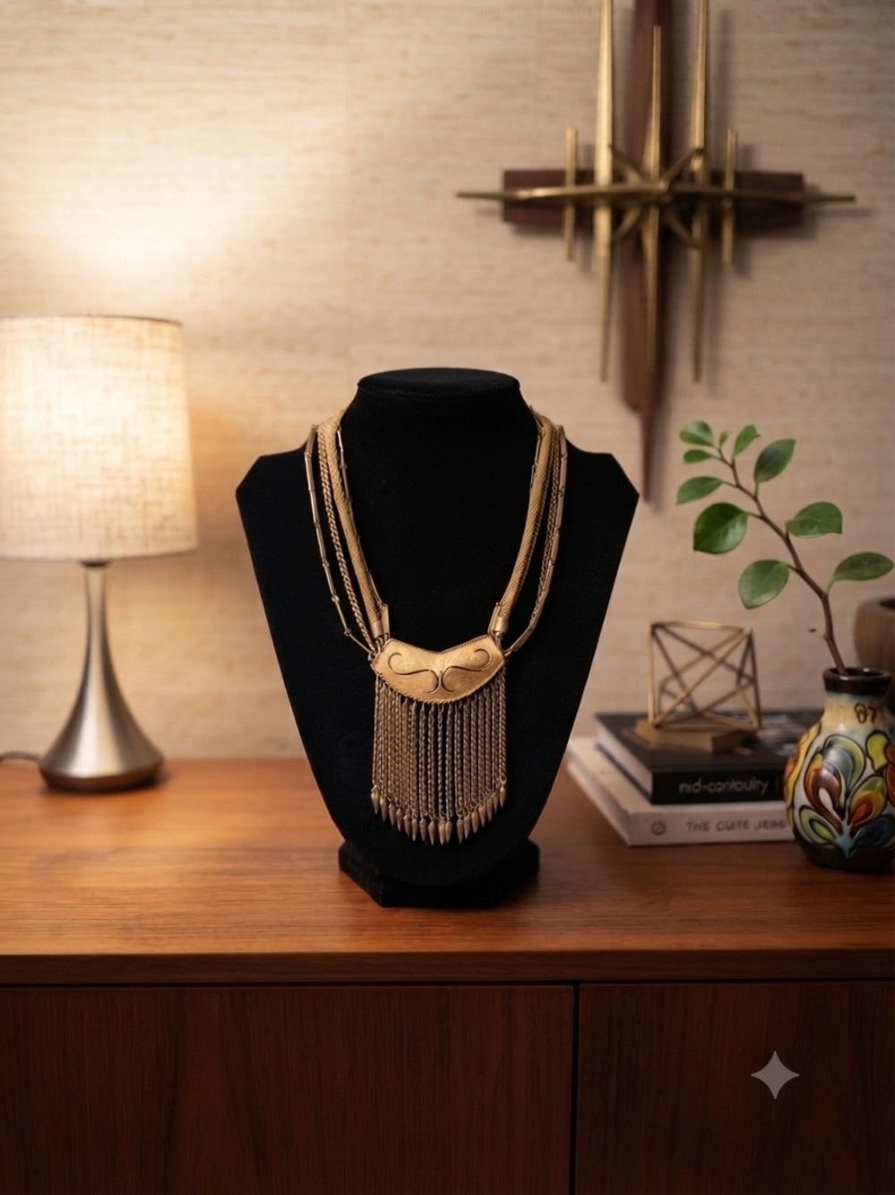 MCM 1950s vintage designer TAN , Gold-Tone Multi-Chain Fringe Statement Necklace - Picture 4 of 7